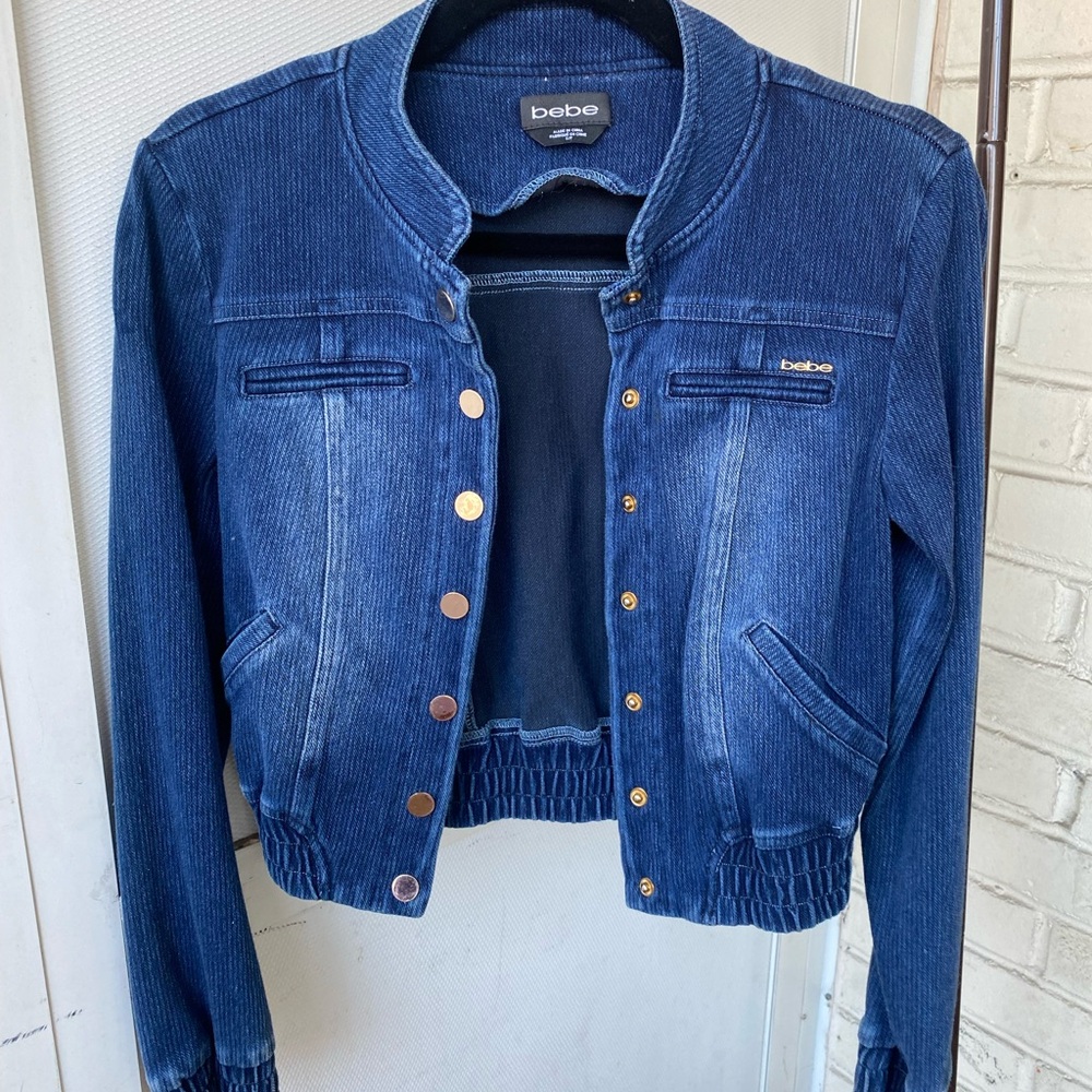 Bebe Dark Blue Denim Bomber Jacket with Gold Accents